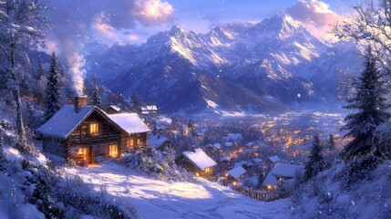 Poster - Snowy mountain village winter evening scene