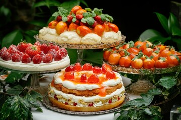 Sticker - Close-up of layered strawberry shortcakes topped with cream and mint, set on a green background, evoking fresh dessert concepts