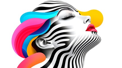 Sticker - Vibrant Abstract Portrait of a Woman with Zebra Stripes and Colorful Hair