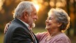 © Bittbrew - Pareja de ancianos abrazados y felices. Fondo de parque