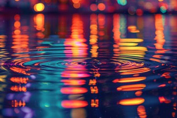 Poster - Neon city lights create a vibrant display reflected in rippling water during a calm evening, capturing the essence of urban nightlife in an enchanting manner