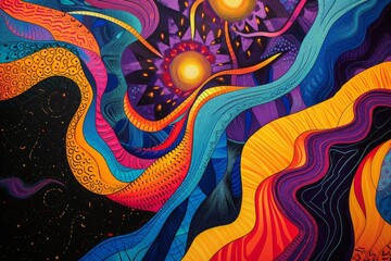 Poster - Vibrant abstract patterns come alive with rhythmic energy, showcasing colorful swirls and luminous elements under a dark backdrop, celebrating artistic creativity and expression