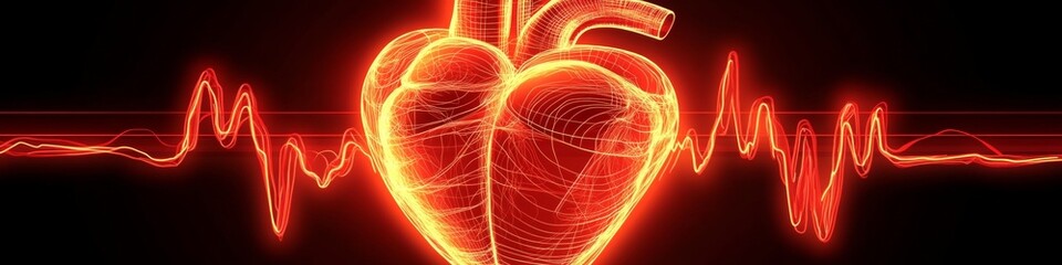 Poster - Glowing Anatomical Heart Vector Illustration with ECG Waveform and Dynamic Red Lighting