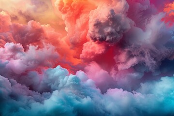 Poster - Ethereal clouds burst with chaotic colors as the sun sets, blending shades of pink, orange, and blue into the evening sky, creating a mesmerizing visual spectacle at twilight