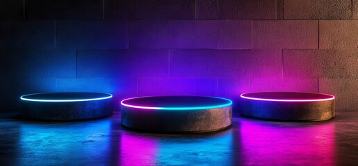 Poster - A virtual 3D rendering of a circle-shaped construction gate, illuminated by neon purple and blue laser lines, reflecting off a concrete surface with a dark, grunge night setting, perfect for a