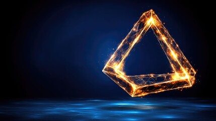 Wall Mural - Glowing Sparkling Triangle Shape Floating Above a Dark Blue Background in an Abstract Design