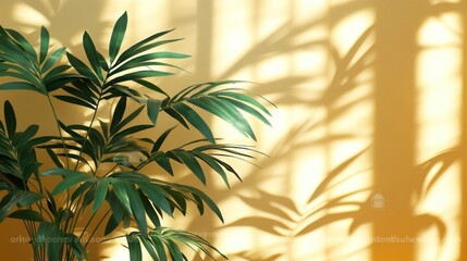 Wall Mural - Sunlight filters through window, casting shadows on yellow wall, highlighting potted palm plant