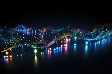 Fototapete - An artistic representation of colorful data flowing through a dark space, creating vibrant waves and reflecting light in various patterns at night