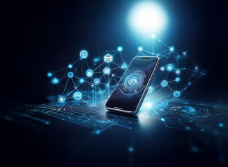 Poster - A smartphone rests on a digital surface, surrounded by a glowing network of interconnected icons, symbolizing global connectivity and data flow.  The scene is dark, with a bright light source highligh