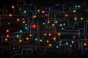 Fototapete - A vibrant neon circuit pattern with colorful lights against a deep black background showcases a modern and dynamic design, perfect for technology-themed applications and creative projects