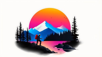 Wall Mural - Hiker Silhouette at Sunset Over Blue Mountains