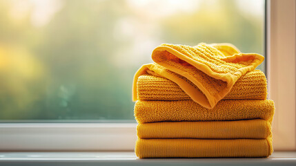 Poster - Freshly folded yellow towels stacked neatly by window, creating warm and inviting atmosphere. soft texture and vibrant color enhance cozy feel of space