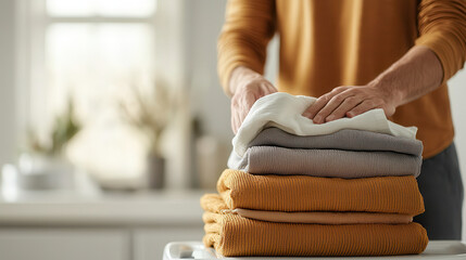 Poster - Folding freshly laundered towels on table, showcasing neat organization and home care. warm colors and soft textures create cozy atmosphere