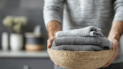 Poster - Freshly folded towels in woven basket, held by person in cozy home setting. soft textures and neutral colors create warm and inviting atmosphere