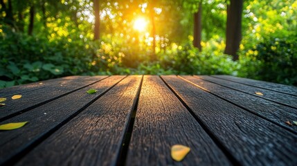 Poster - Sunlit park table, leaves, nature, background, product display