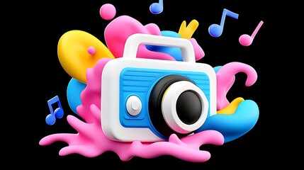 Poster - A 3d Render of a Retro Radio with Vibrant Colors, Music Notes, and Paint Splats
