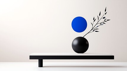 Canvas Print - Black Vase with Blue Circle and Branch Minimalist Still Life