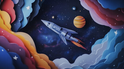 Poster - Cartoon space paper cut rocket, starry galaxy and planets. Vector 3d landscape with spaceship in universe and papercut frame. Shuttle futuristic cosmic travel in galaxy, alien worlds exploration