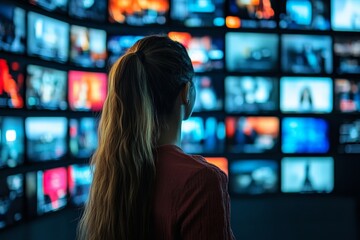 Aufkleber - Woman engages with multiple screens in a modern media room during evening hours