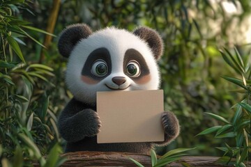 Poster - Cute panda holds a sign in a lush bamboo forest during daylight hours