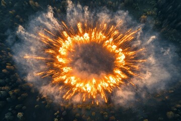Aufkleber - Explosive fireball erupting in a forest clearing creating a massive cloud of smoke and debris during daylight hours