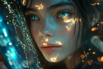 Poster - Captivating gaze illuminated by ethereal light reflections in a surreal setting