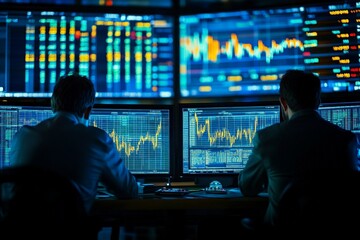 Poster - Professionals analyze market trends and data on multiple screens in a modern trading room at night