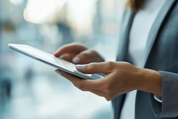 Fototapete - professional woman using a tablet in a modern office environment during daylight hours
