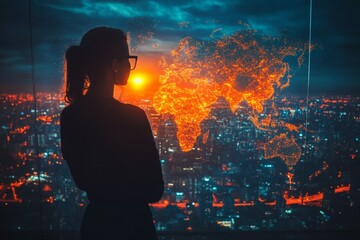 Fototapete - Silhouette of a woman gazing at a glowing map of the world during sunset in a city skyline