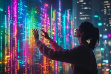 Aufkleber - Person interacting with a colorful digital display in a futuristic cityscape at night