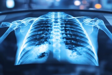 Poster - Detailed X-ray showing human ribcage and spine with potential abnormalities at a medical facility