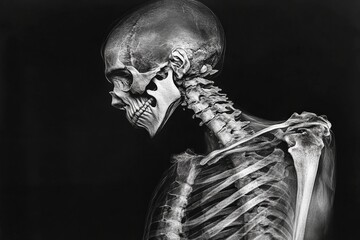 Poster - Detailed X-ray of a human skeleton showcasing the skull, spine, and ribcage in profile view