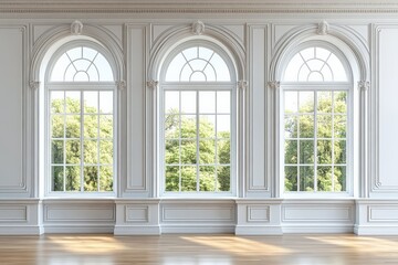 Poster - Elegant interior with large arched windows showcasing a lush green view in a bright and spacious room