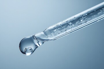 Poster - Clear water droplet forming at the tip of a glass pipette against a blue background