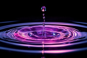 Poster - water droplet creates ripples in vibrant purple and blue hues against a dark background