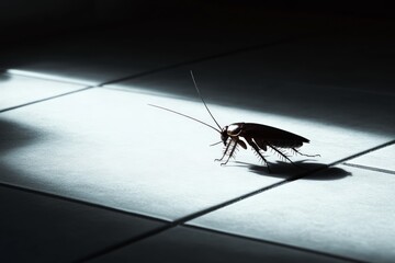 Poster - Cockroach exploring a sunlit tile floor in a dimly lit room during afternoon hours