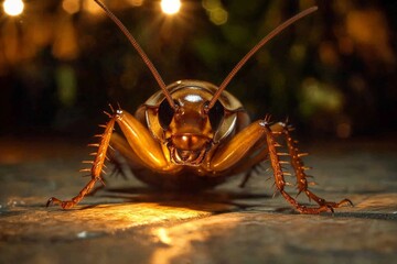 Poster - Close-up view of a cockroach in a dimly lit environment showcasing its details and texture