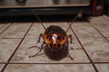 Poster - Large cockroach crawls across tiled floor in kitchen under warm light in evening