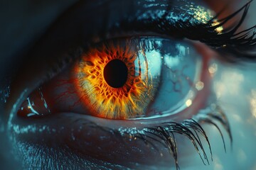 Poster - Close-up of a striking, fiery orange eye revealing detailed textures and patterns