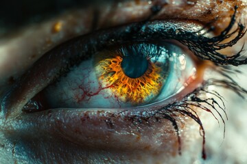 Aufkleber - Intricate close-up of a human eye showcasing striking orange and blue colors with visible veins and details