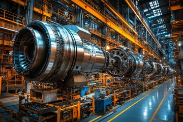 Aufkleber - Large aircraft engines being assembled in a modern manufacturing facility during daytime hours