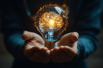 Aufkleber - Hands hold a glowing light bulb symbolizing creativity and innovation