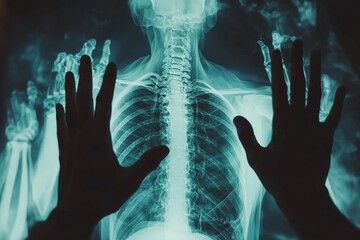 Poster - Detailed examination of a human skeleton with hands positioned on each side in a medical setting
