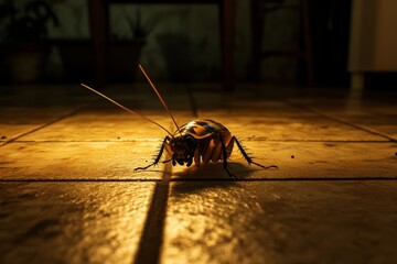 Poster - Close-up view of a cockroach crawling on a tiled floor in dim light during the night