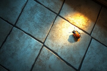 Poster - Insect crawls across tiled floor under warm light in dim interior space during evening hours