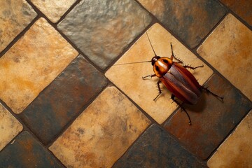Poster - Cockroach exploring textured floor tiles in a well-lit indoor space during the day