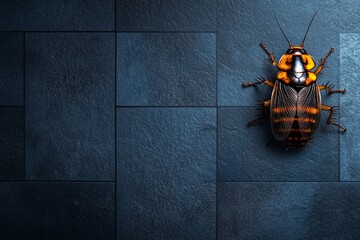 Aufkleber - Orange and black cockroach resting on textured dark tiles with natural light highlighting its features