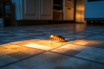 Poster - Cockroach scuttling across kitchen floor illuminated by warm light during evening hours