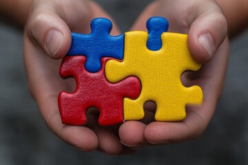 Poster - Hands hold colorful puzzle pieces representing problem-solving and creativity in a cheerful activity