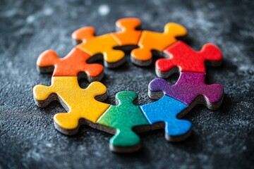 Poster - Colorful puzzle pieces arranged in a circular pattern on a textured surface showcase creativity and fun